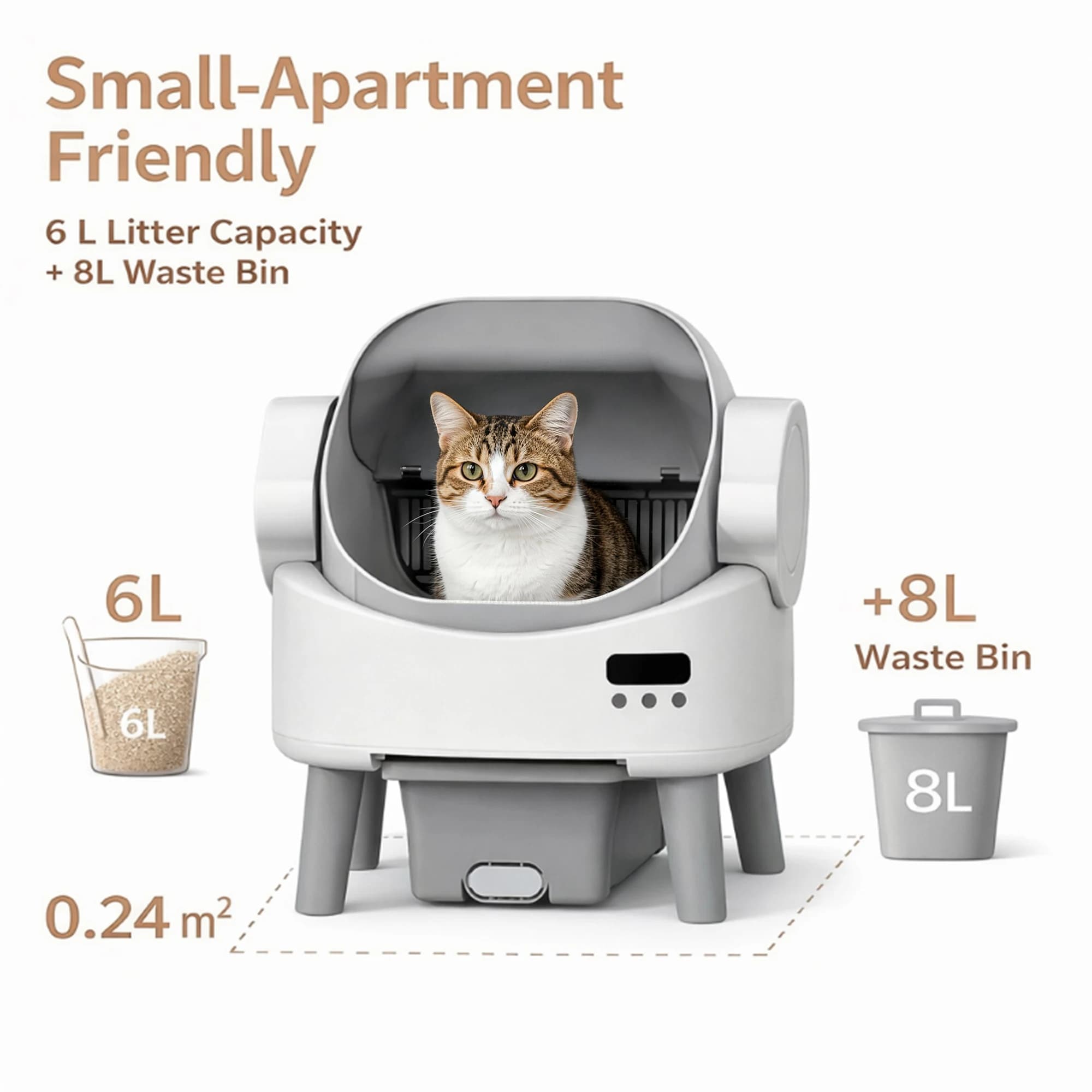 Open Top Automatic Cat Litter Box Safety Sensors Protection Odor Control 8L Large Waste Bin Smart Self Cleaning Cat Litter Box