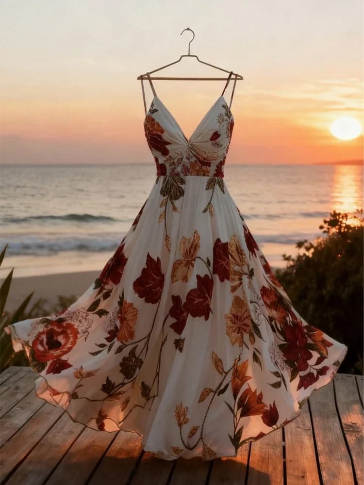 Maxi Dress Spaghetti Strap Deep V Twist Bust Floral Print High Waist Flowy Swing Long Dress Outfit For Women Vacation Beach Party Elegant Wear