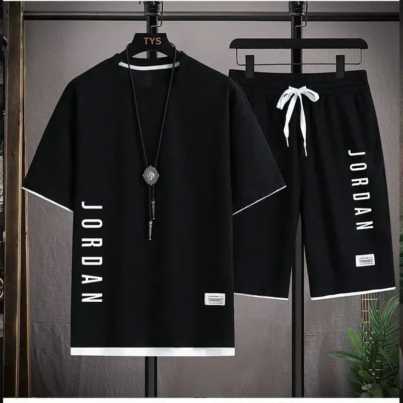 Summer men's high-quality fitness jogging suit set, quick drying fashionable casual+shorts 2-piece set, 2025