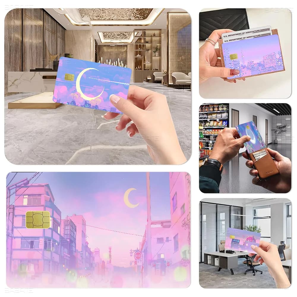 S-Sailores Paesaggio Luna Moda Simpatico cartone animato Gatto Pittura Gioco anime Pellicola unica Custodia adesiva Pelle per carta di credito Senza chip