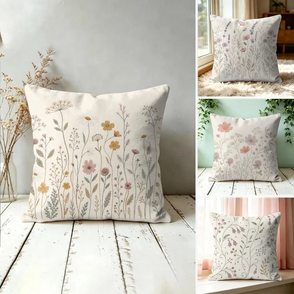 French Vintage Embroidered Flowers Pattern Pillow Case Double-Sided Plush Sofa Cushion Covers Breathable Invisible Zipper