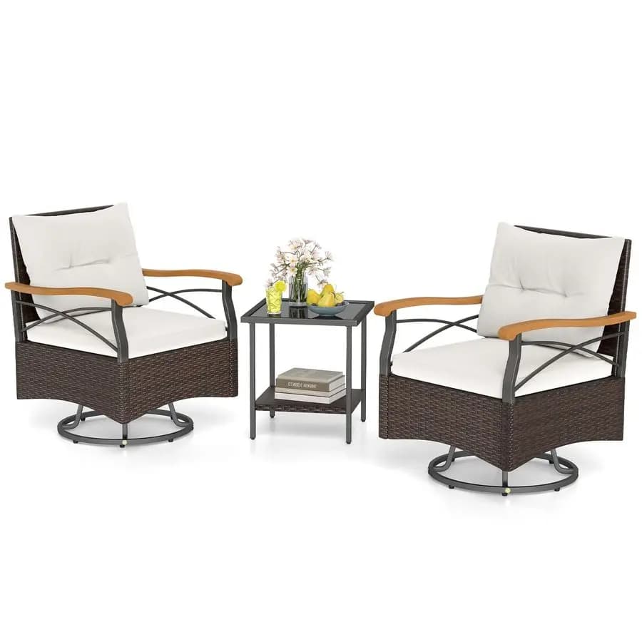Set of 3 Outdoor Swivel Chairs, Vimini Chairs with Pillows and Side Table with 2 Tempered Glass shelves, for Veranda, Garden