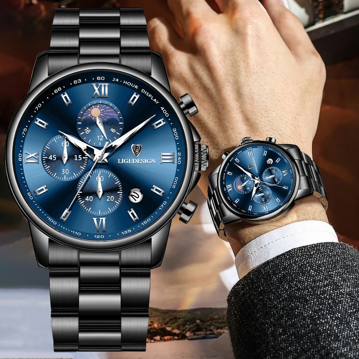 LIGE Orologio al quarzo da uomo di lusso Moda fasi lunari Orologi da uomo d'affari Orologio cronografo da uomo impermeabile in acciaio inossidabile