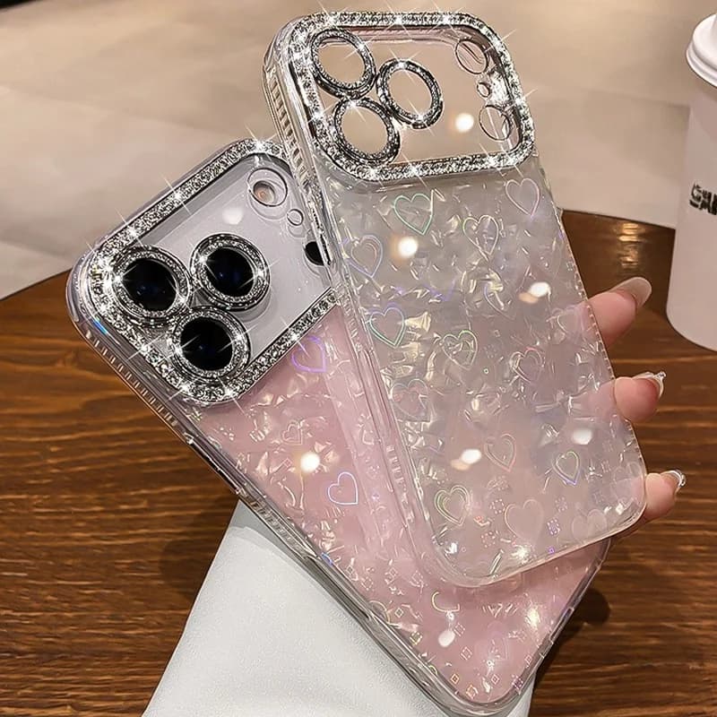 Comes with Lens Film Rhinestone Phone Case for IPhone 17 16 15 14 13 12 Pro Max Love Heart Shape Silicone Back Cover
