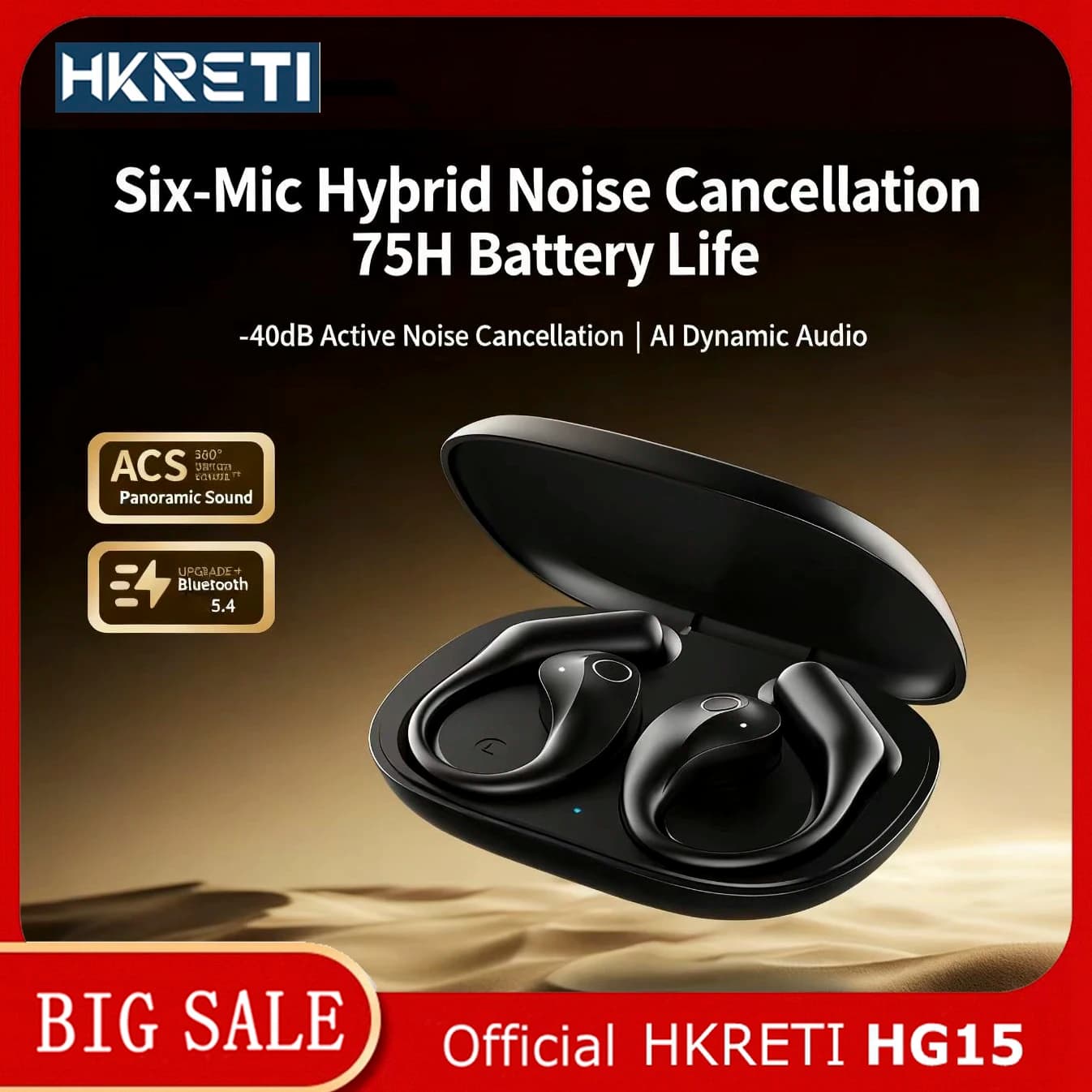 HKRETI HG15 Wireless Earphones Bluetooth 5.4 Sport Waterproof Noise Reduction Ear Hanging Stereo Compatible with Android iOS