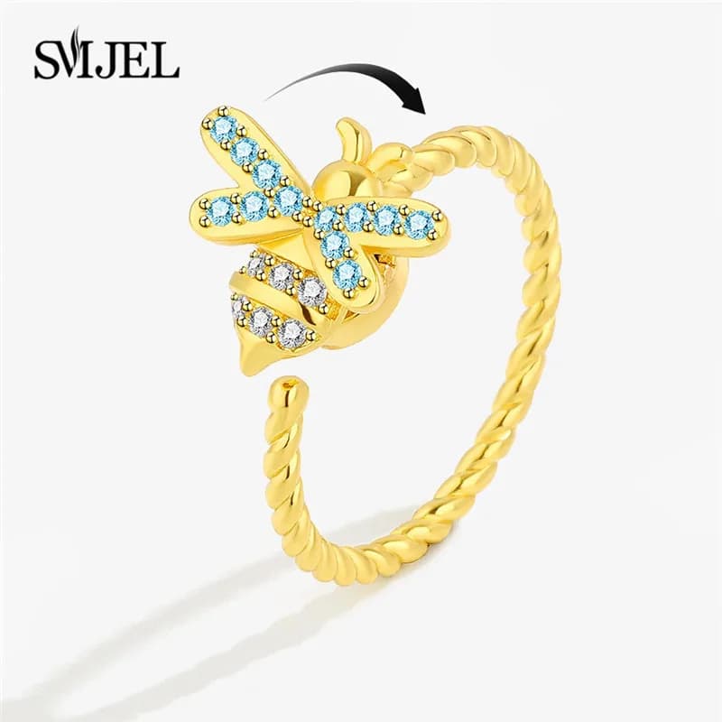 Anello Antistress con Girasole e Ape in Cristallo, Rotazione Libera, Gioiello Fidget per Uomo e Donna