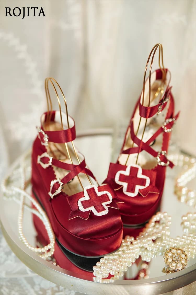 Thick-Soled Satin Single Shoes Cross Dark Doll-Inspired Niche Coffin Black Shoes 6cm Elegant Red Ankle Strap Women Shoes