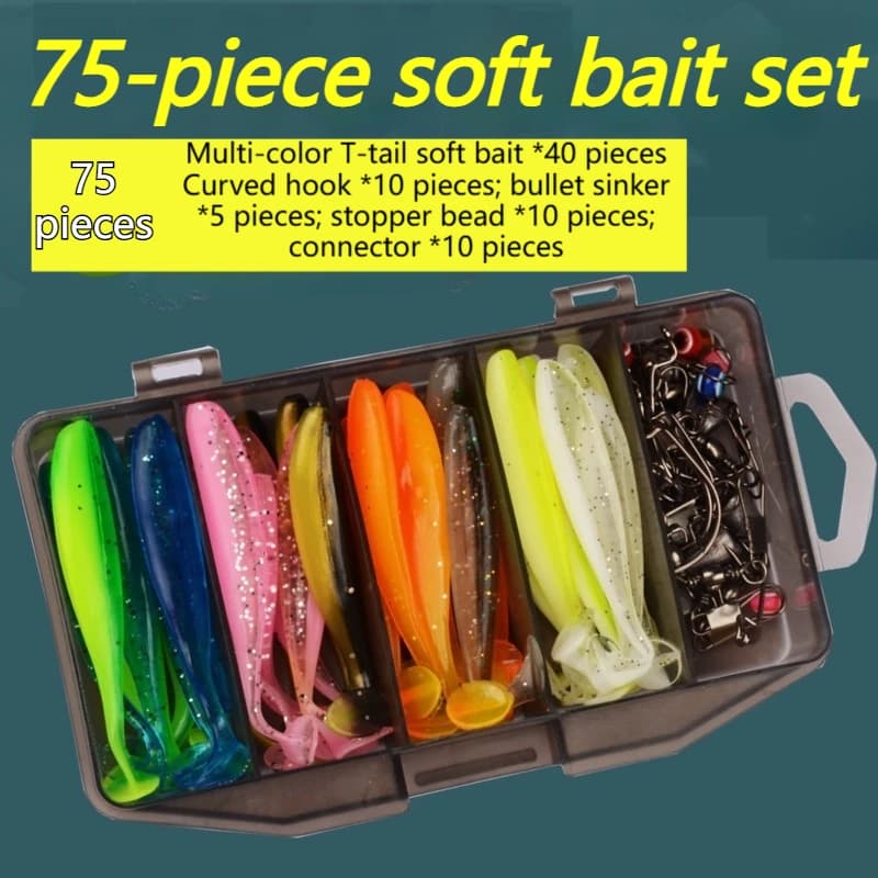 Fishing Kit 75 Pieces with 40 Soft T-tailed baits and 35 Fishing Accessories with Portable Water Box Salad and Sweet