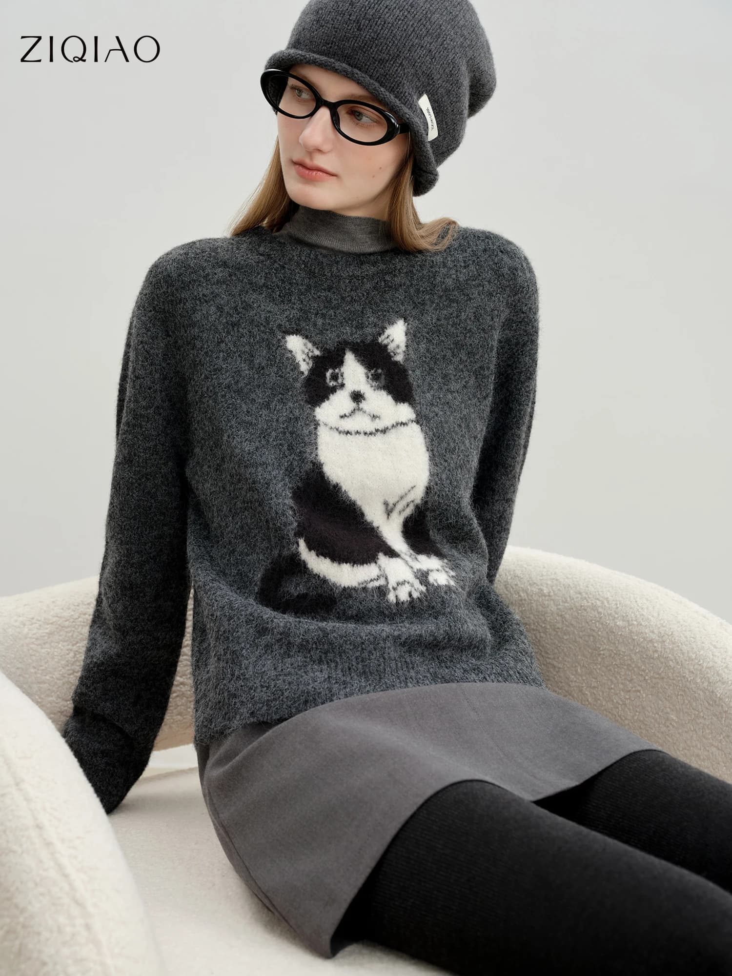 ZIQIAO 2025 Donna Petite Girocollo Pullover Gatto Jacquard Maglia Maglione Allentato Oversize Morbida Miscela di Lana Top Accogliente Moda Invernale
