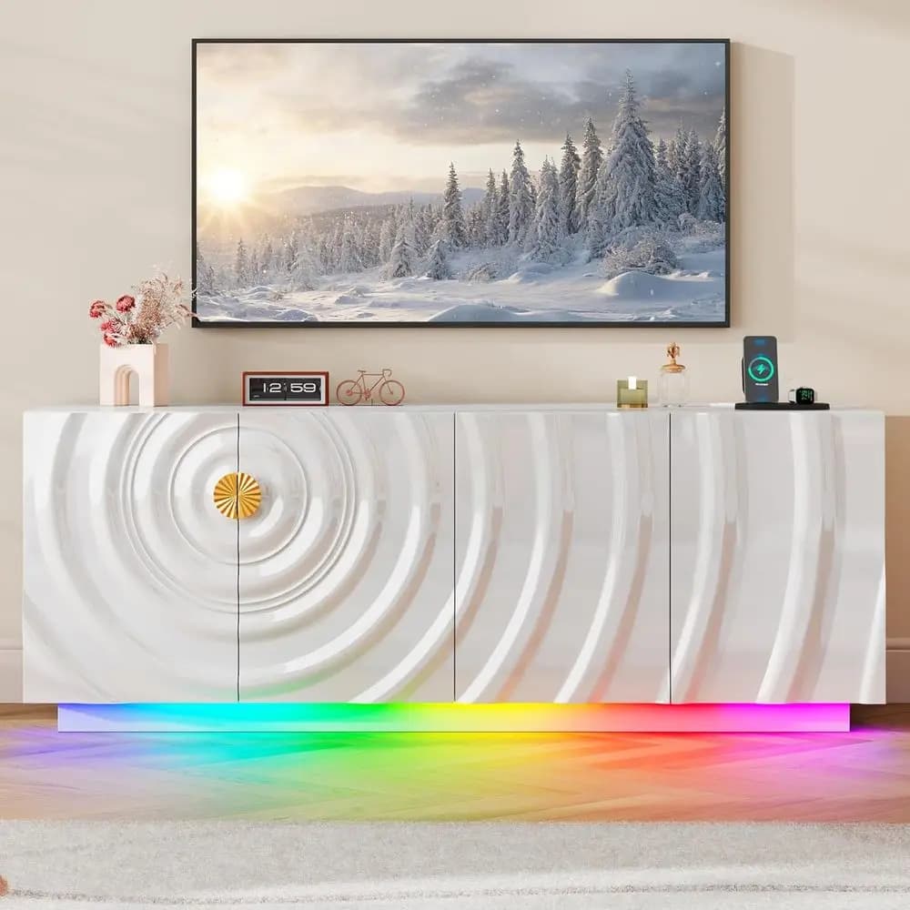 Centro di Intrattenimento per TV da 75 Pollici con Luci RGB, Stazione di Ricarica e Sensore di Movimento per Soggiorno o Sala Giochi