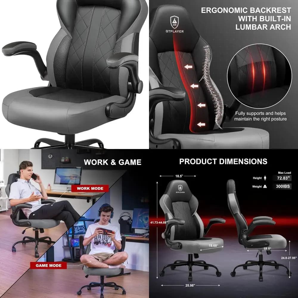 Sedia da Gaming Ergonomica con Braccioli Ribaltabili, Altezza Regolabile, Supporto Lombare e Rotazione a 360° ° Girevole in Grigio Scuro
