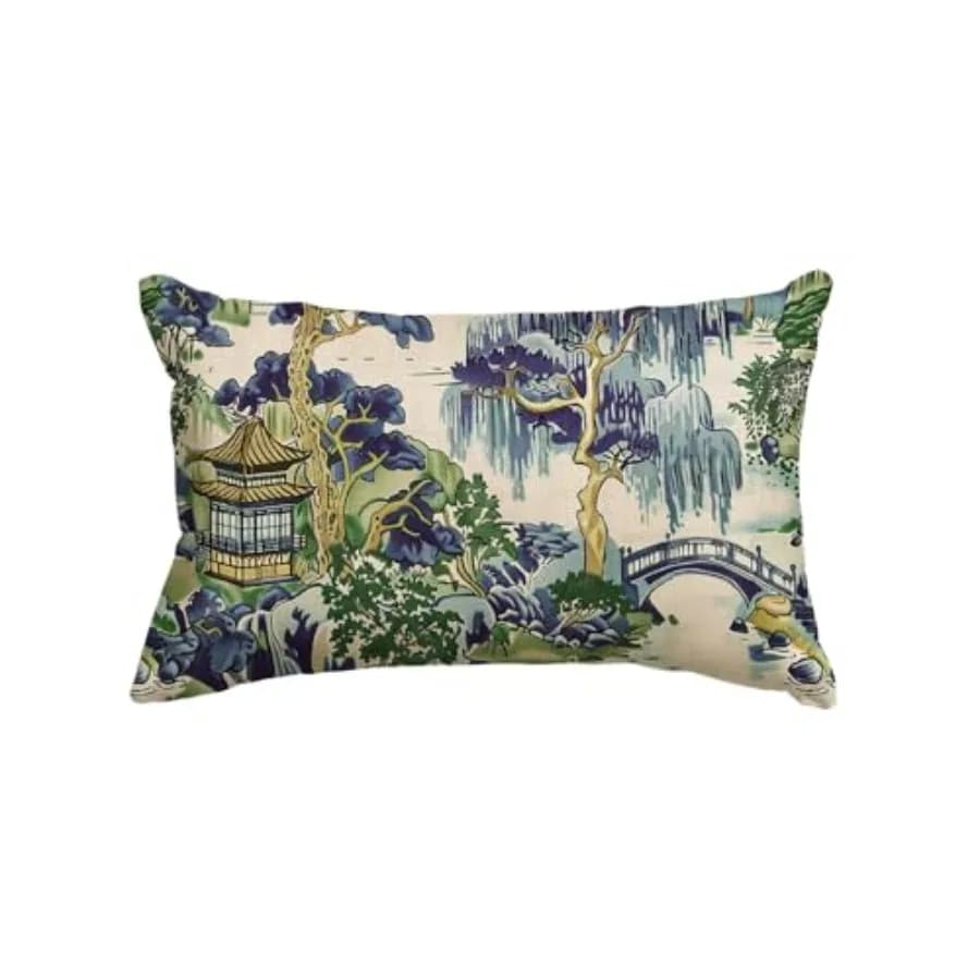 Chinoiserie Blue Trees House Bridge Throw Pillow Cover, 12 x 20 Inch Cushion Case Indoor Outdoor Decoration for Sofa Couch Farm