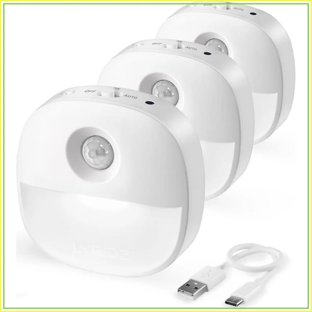 Motion Sensor Night Light, USB Rechargeable, Dimmable LED, Stick-on for Closet, Bedroom, Kitchen, 3-Pack
