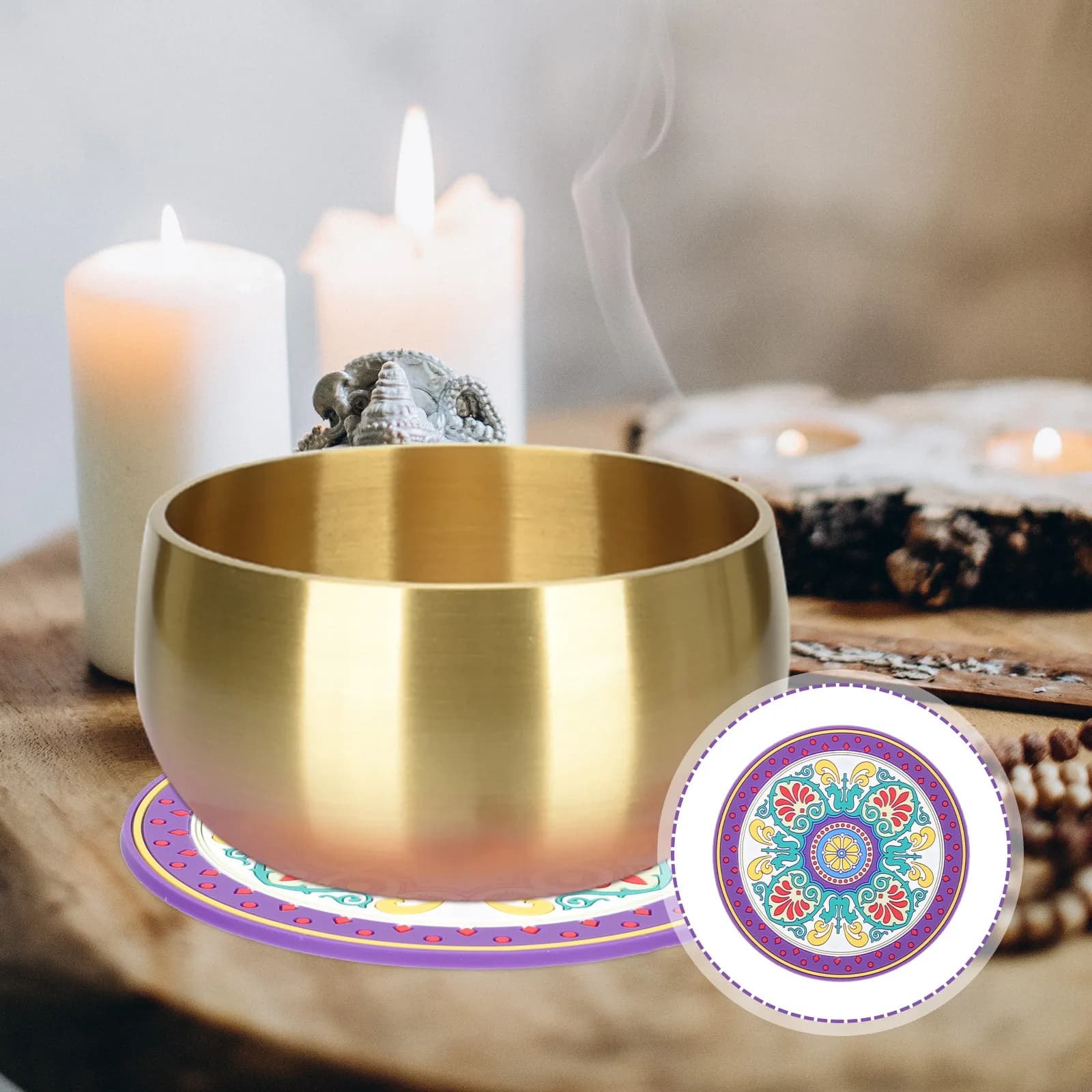 Meditation Sound Bowl Pad PVC Flower Print Buddhist Mat Decorative Effects Long Lasting Portable Religious Cushion Yoga