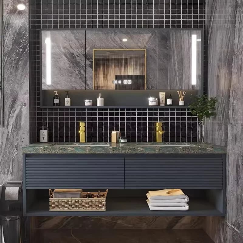 Mobile bagno moderno a parete &c - Piano in gres porcellanato grigio con illuminazione integrata - Include specchio e luci LED - Doppio lavabo