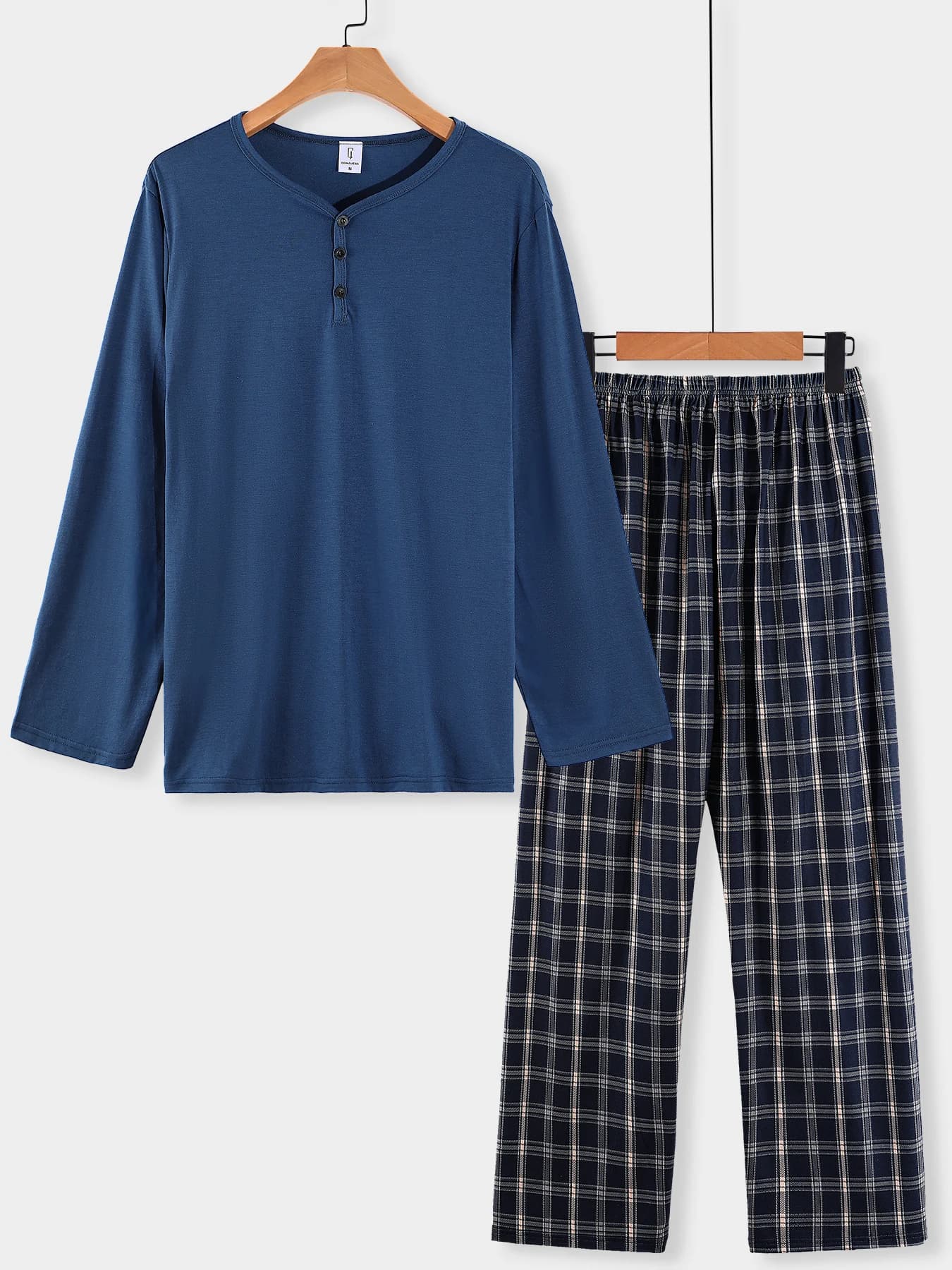 Men's Henley Neck Long Sleeve & Plaid Pants Pajama Set Spring Fall Casual Loungewear 2 Piece Set