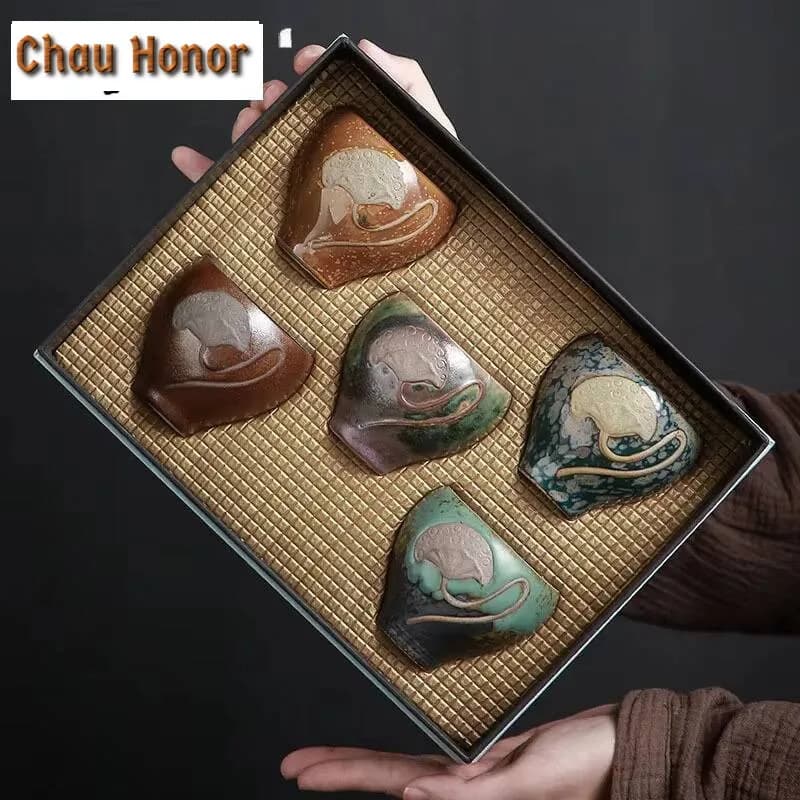 130ml Rough Pottery Five Element Cup Ceramic Kung Fu Tea Cup Handmade Household Relief Lotus Kung Fu Tea Set Tea Ceremony Gifts