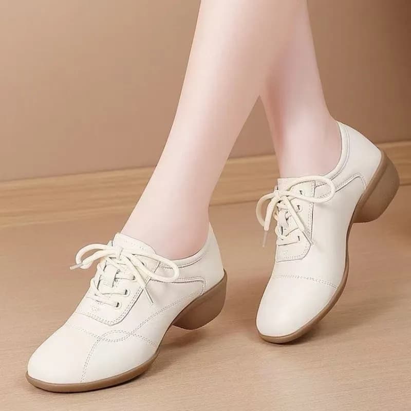 Women Low Heel Dance Sneakers Lace‑Up Soft Faux Leather Round Toe Non‑Slip Ballroom Dancing Shoes
