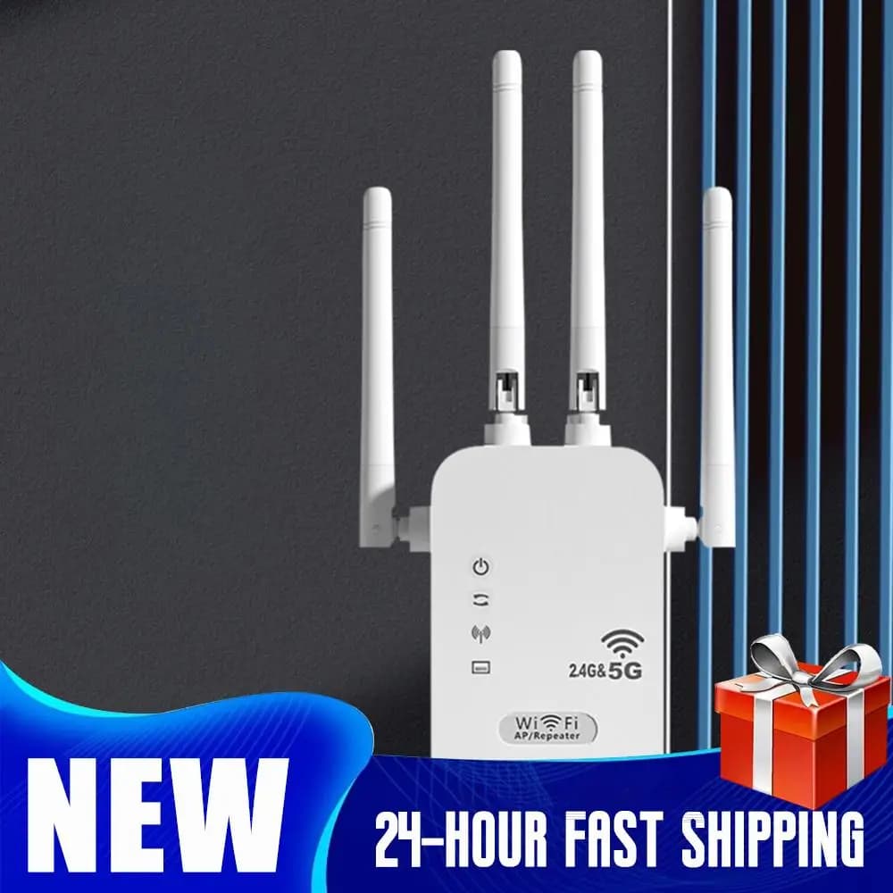 Ripetitore WiFi 1200/300Mbps Amplificatore di Rete 2.4G 5G Estensore di Portata con 4 Antenne Booster di Segnale WiFi Router Wireless