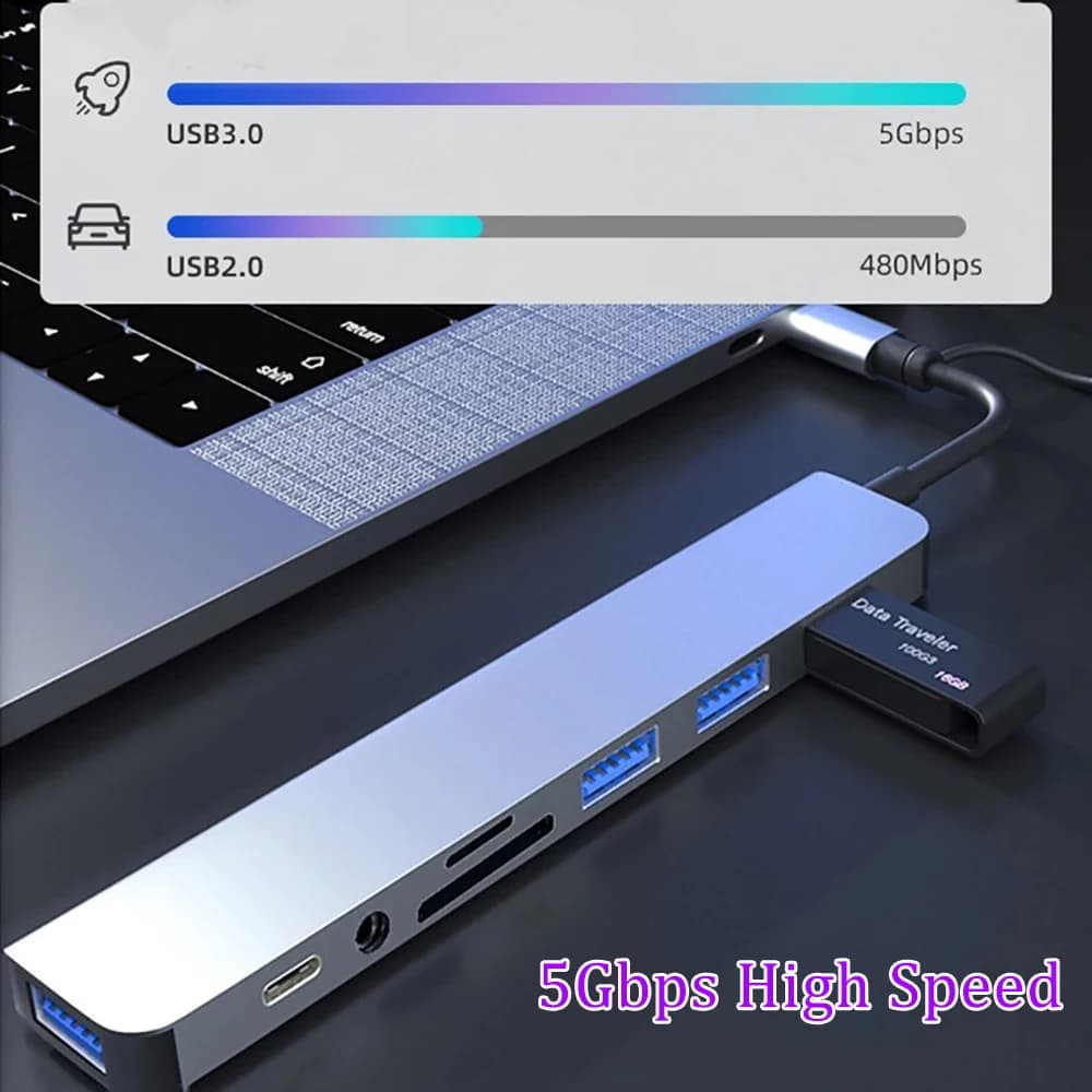 Hub USB 3.0 8-in-2, docking station USB C, trasmissione a 5 Gbps, adattatore OTG da Tipo C a USB per laptop e MacBook