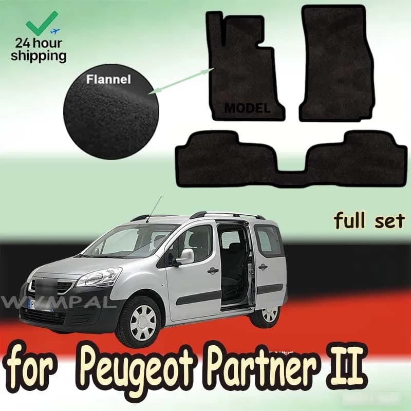 Nylon Suede Velour rugs set for Peugeot Partner II kombivan, Tepee, 5-seater (2008-2018) -Black