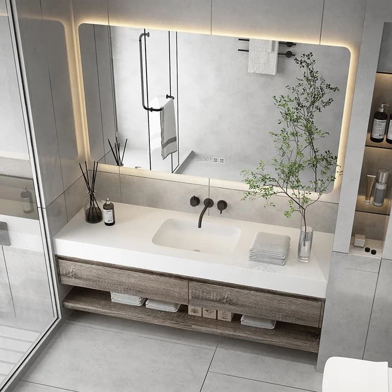 *&q Modern Wooden Basin Bathroom Vanity LED Mirror Bathroom Cabinet Stone-Paneled Door Toilet Wash Sink Plywood