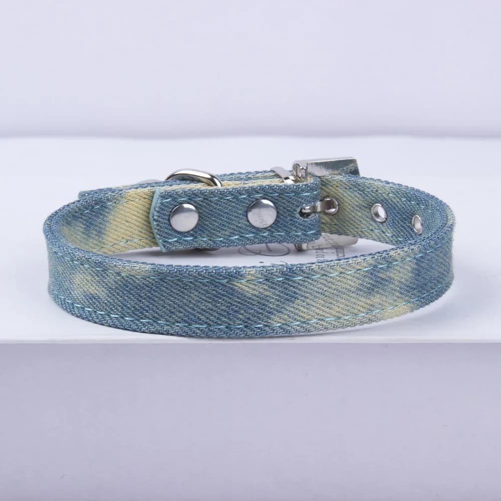 Metal Buckle Denim Dog Collar with Bell Adjustable Puppy Jean Collar Quick Release Soft Leather Puppy Neck Strap For Dogs Cats