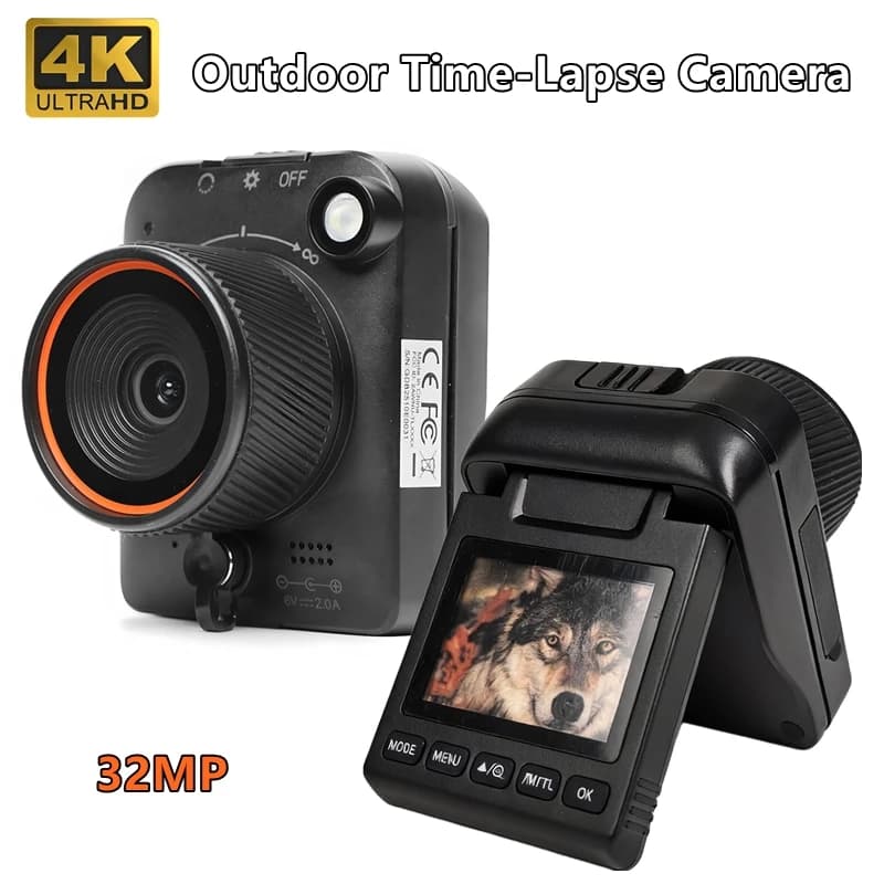 Fotocamera Time Lapse per Esterni 32MP 4K Impermeabile con Schermo Rotante a 90 Gradi e 6 Mesi di Autonomia della Batteria
