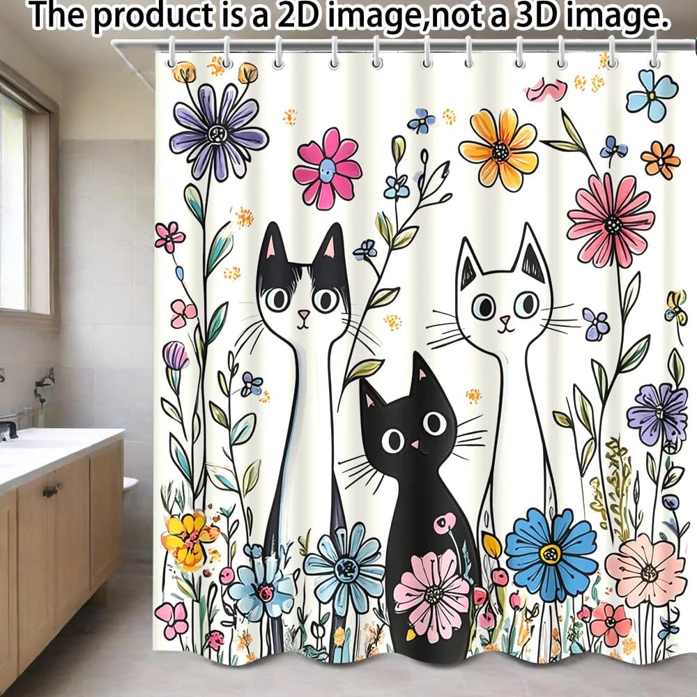 1 tenda da doccia, tenda da doccia con gatti e fiori fantasia, include 12 ganci. 180 X 180 cm, ideale per l'arredamento del bagno, garantisce la privacy