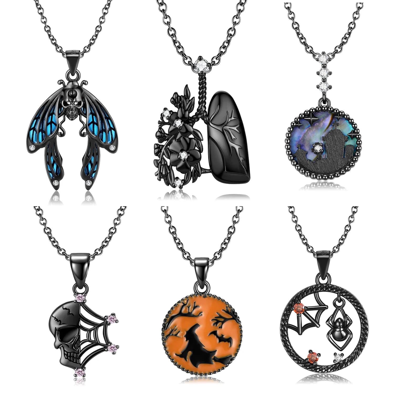 Jiuhao 925 Sterling Silver nero Halloween Spider Web Witch zircone teschio collana con ciondolo gioielli collana catene accessori