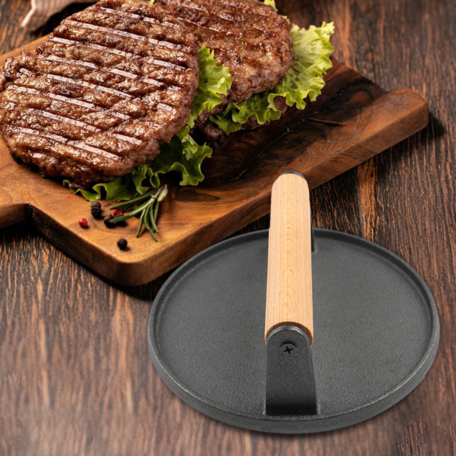 Round Meat Pressing Plate with Wood Handle Pressing Frying Pan Non-Stick Meat Steak Press Board for Griddle Grill Hamburger