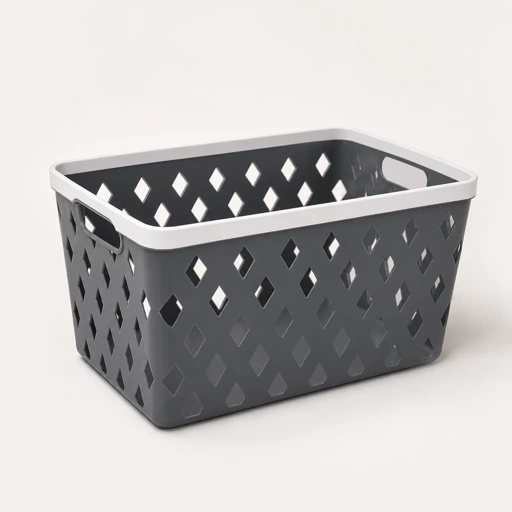 Space Saving Stackable Diamond Cutout Plastic Storage Bin, Lightweight Ventilated Organizer Basket with Hand Grips for Small Apartments, Dorm Rooms & Vanity Shelves