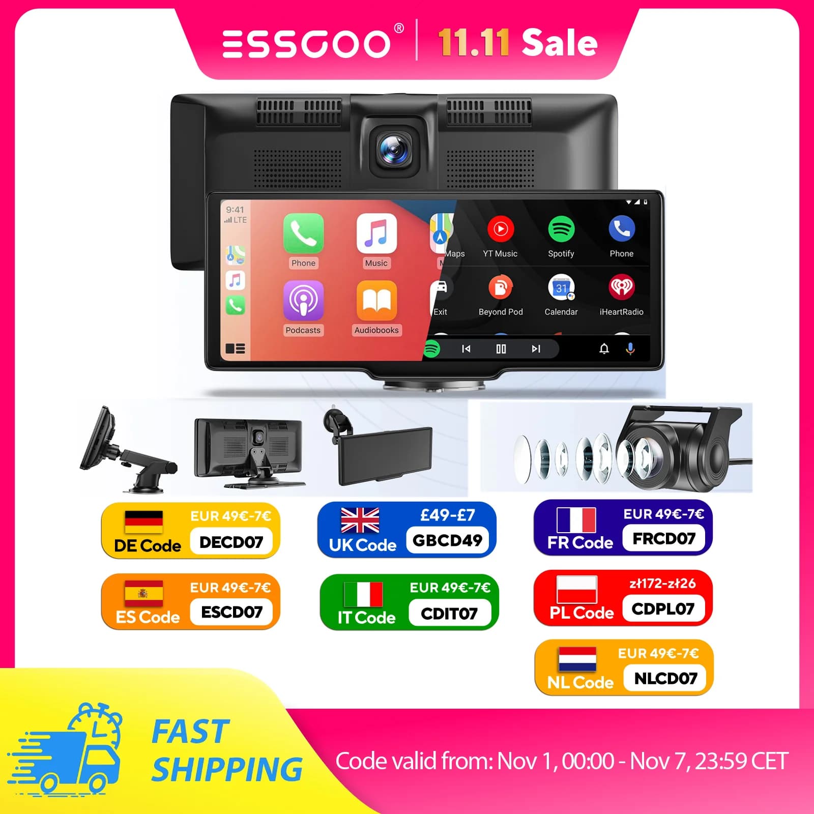 4K 1080P 10.26" Apple CarPlay Wireless Android Auto Schermo Tattile HD DVR Dashcam Doppio Obiettivo Registratore Video Doppia Dash Cam DVR Visione Notturna Mirror Link WIFI Bluetooth Controllo Vocale Schermo Diviso USB