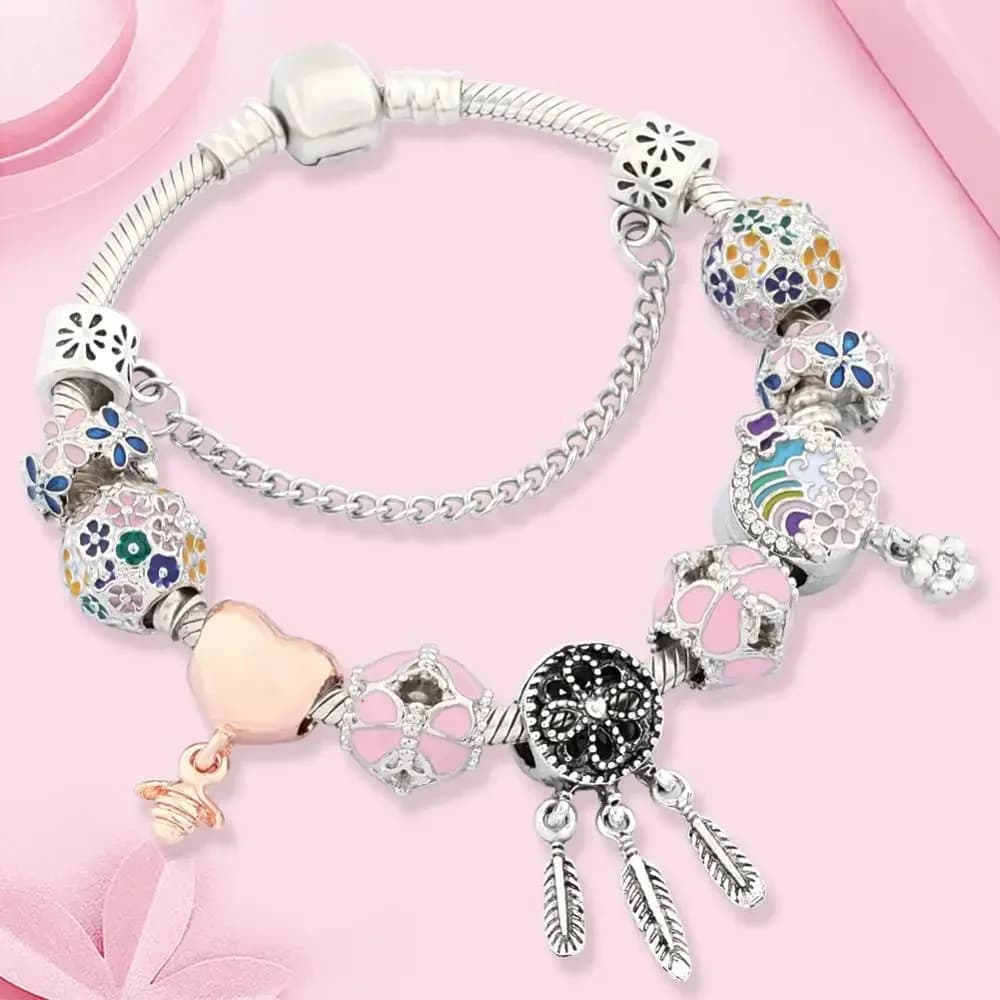 Colorful Enamel Bloom Flower Charm Bracelet Classic Dream Catcher Heart Bee Pendant Bracelet DIY Beaded Jewelry for Fashion Gift