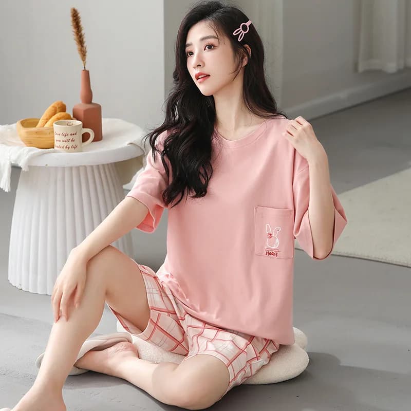 Women's Summer Pijama with Sleeves Court and Trousers, Lightweight and Cute, Casual with Stamps, Homewear