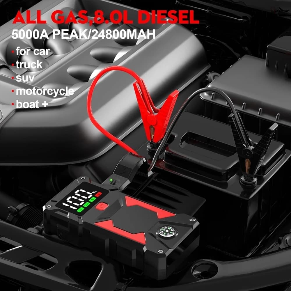 Avviatore di Emergenza Portatile per Auto 5000A di Picco, 24800mAh, 12V, per Tutti i Motori a Benzina e Diesel fino a 8.0L, con Ricarica USB e Luce LED HD