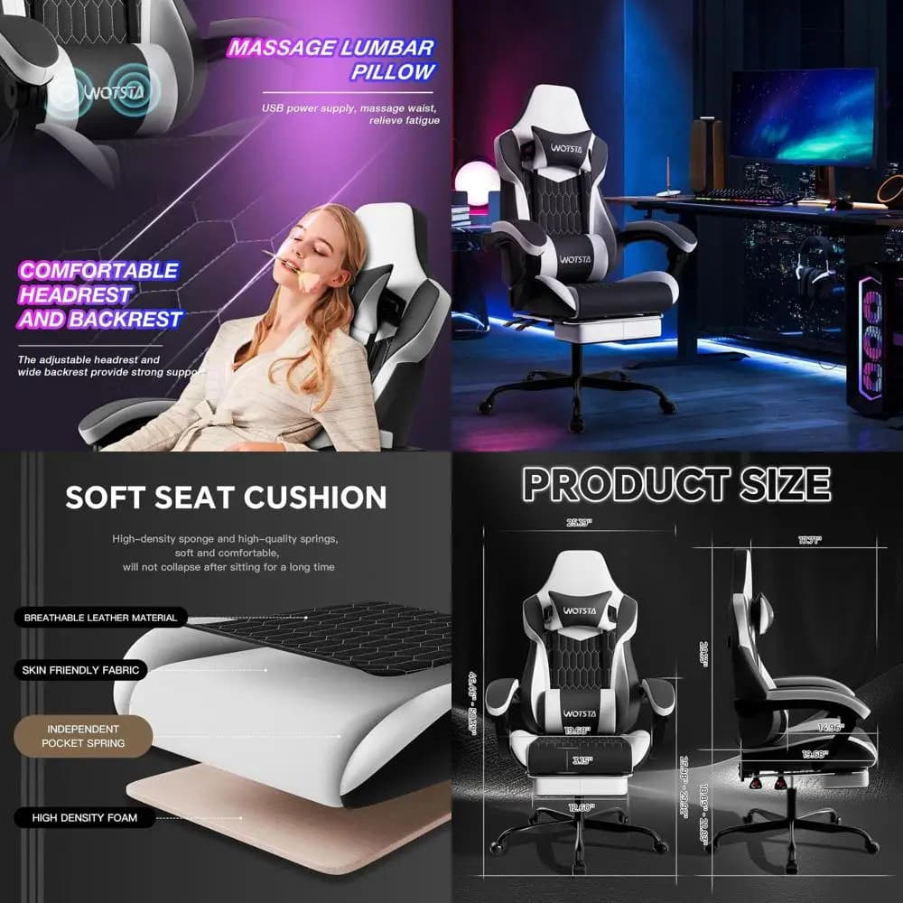 Sedia da Gaming Ergonomica in Pelle PVC con Poggiapiedi e Supporto Lombare Regolabile per Casa/Ufficio (Nero e Bianco)