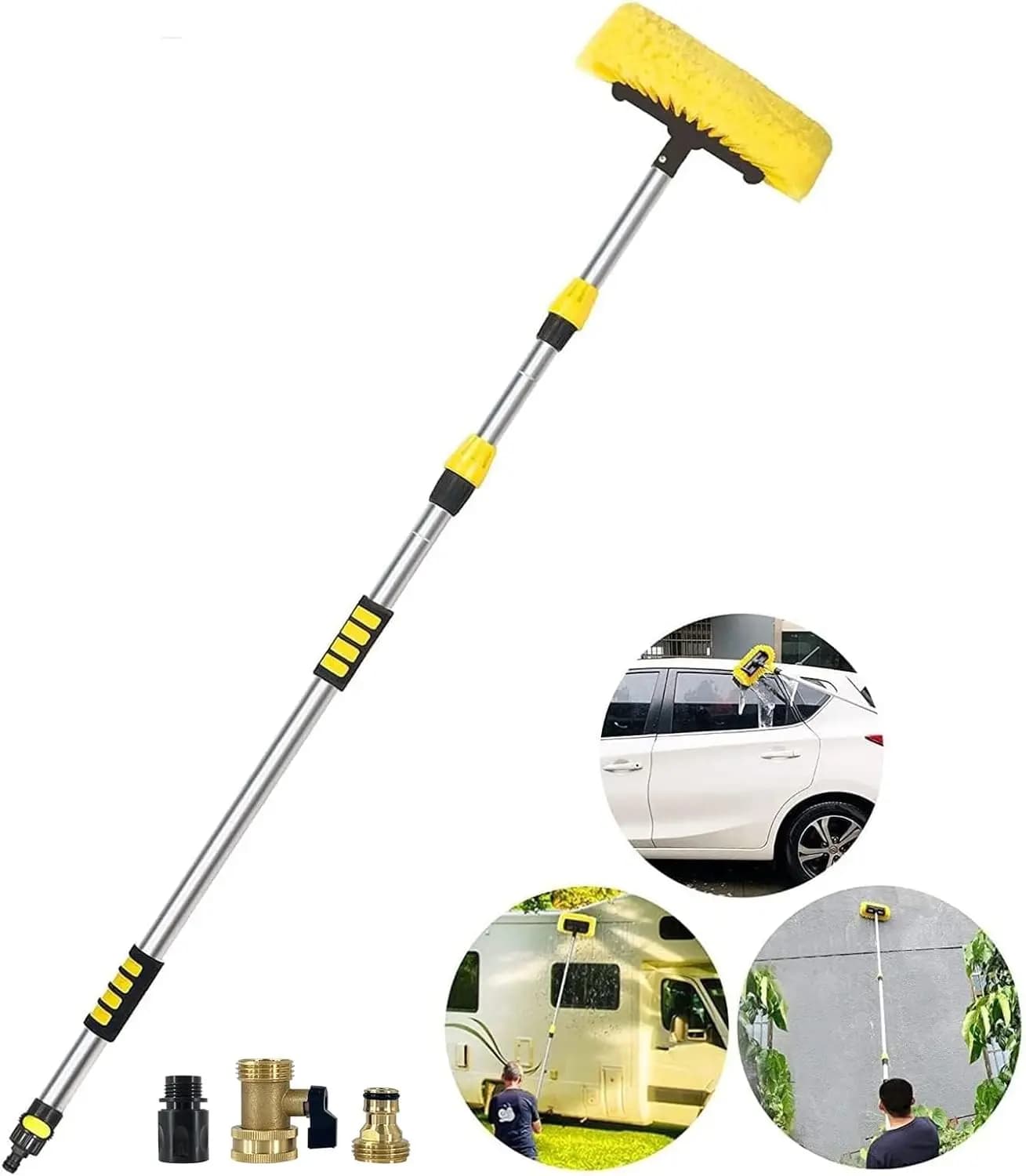 Spazzola Telescopica per Lavaggio Auto da 5-12 Piedi con Setole Morbide, Attacco per Tubo per Pulizia Veicoli e Superfici