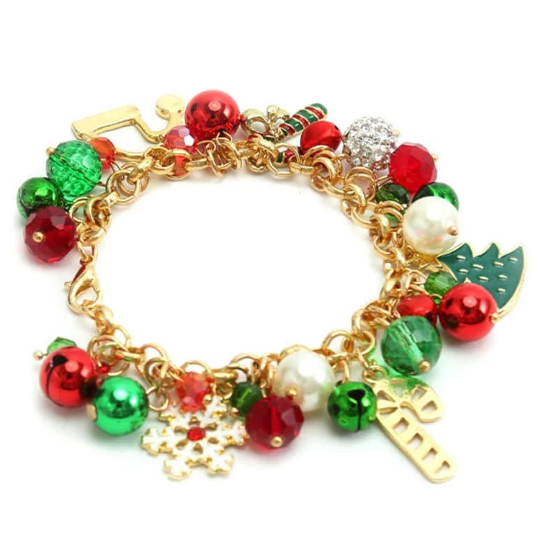 Vendita calda braccialetto di natale appeso campana di perle rosso verde palla perline di cristallo neve cortesia albero lega regalo braccialetto gioielli