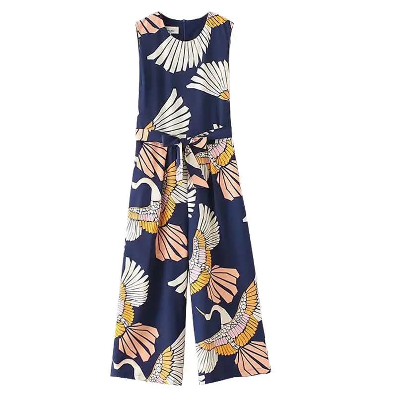 Women's Street Style Loose Leggings One-Piece Suit Belted Waist Sleeveless Crane Print Summer Thin Pant Street Fashion