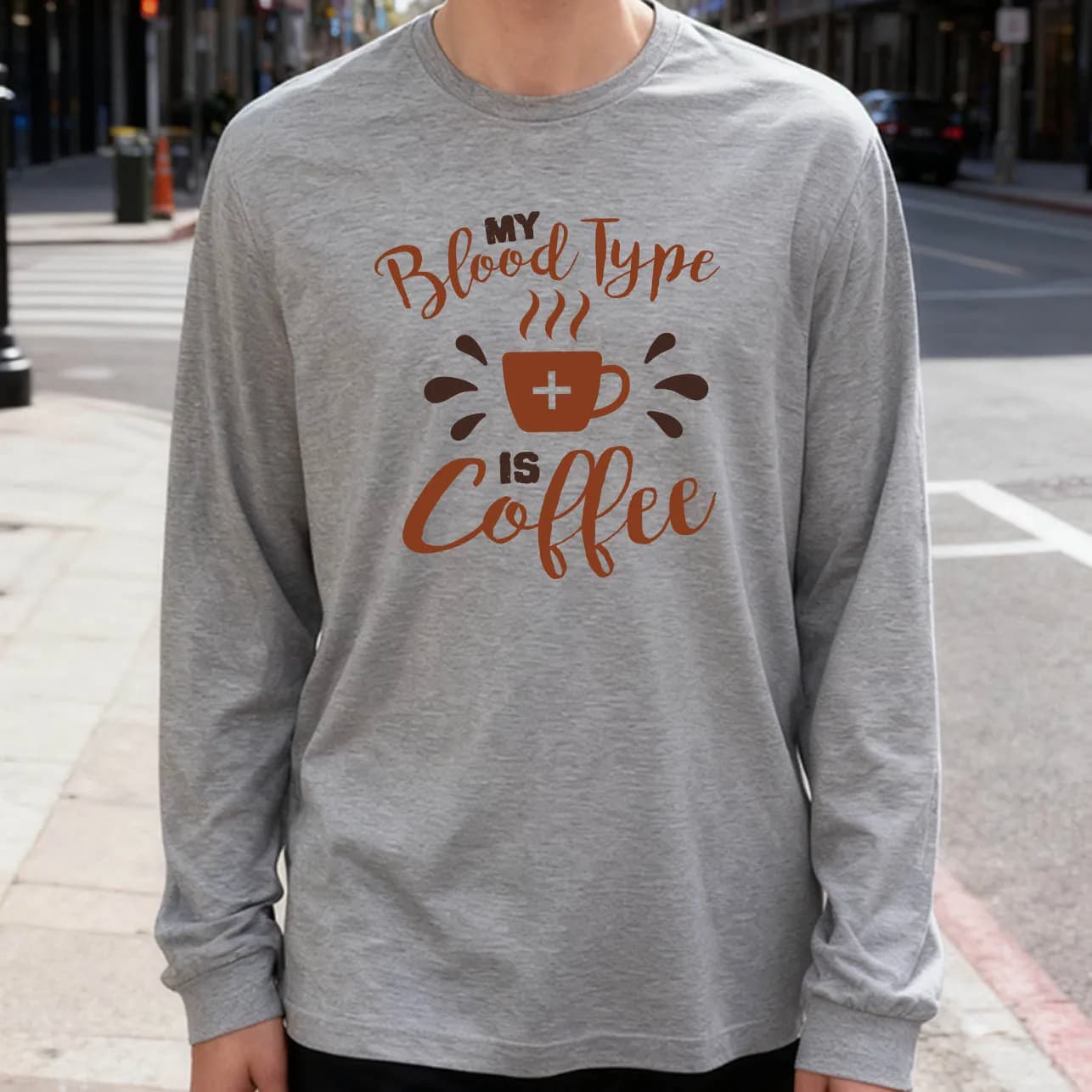Men's My Blood Is Coffee 180g Long Sleeved T-shirt 100% cotton casual printed crew neck to wear every day soft and breathable