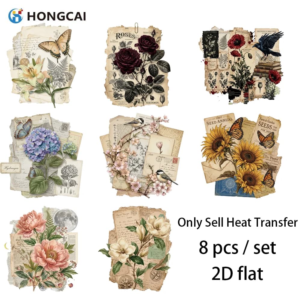 8Pcs Floral Vinyl Iron-on Patches, 2D Flat Aesthetic Heat Transfers, Fade-Resistant No Edge Curling Beginner-Friendly