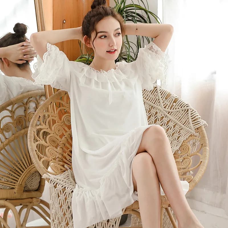 Nuova Camicia da Notte in Cotone a Rete per Primavera e Autunno, Pigiama Lungo con Maniche Lunghe, Stile Principessa Coreana con Pizzo