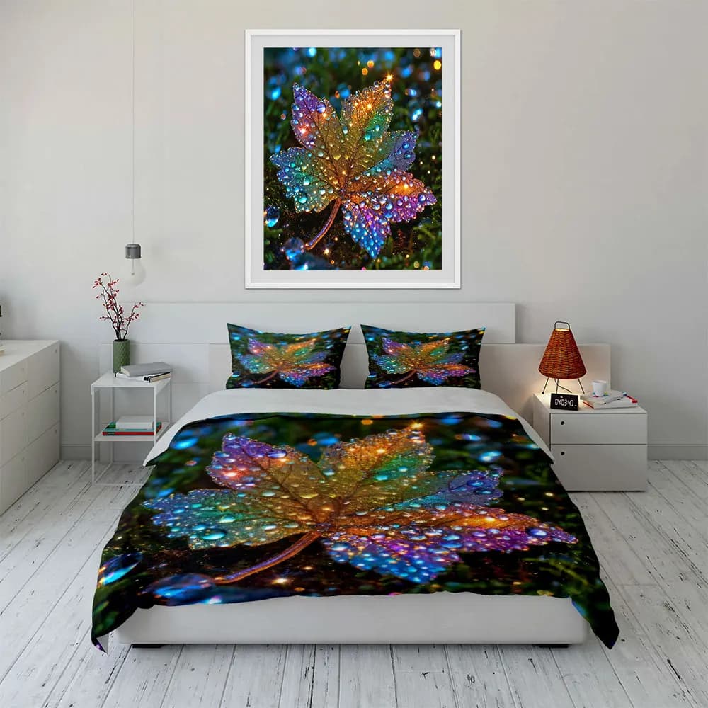 Set di biancheria da letto con foglie arcobaleno, copripiumino con stampa magica di foglie d'acero colorate con gocce di rugiada + 2 federe, decorazioni naturali incantate