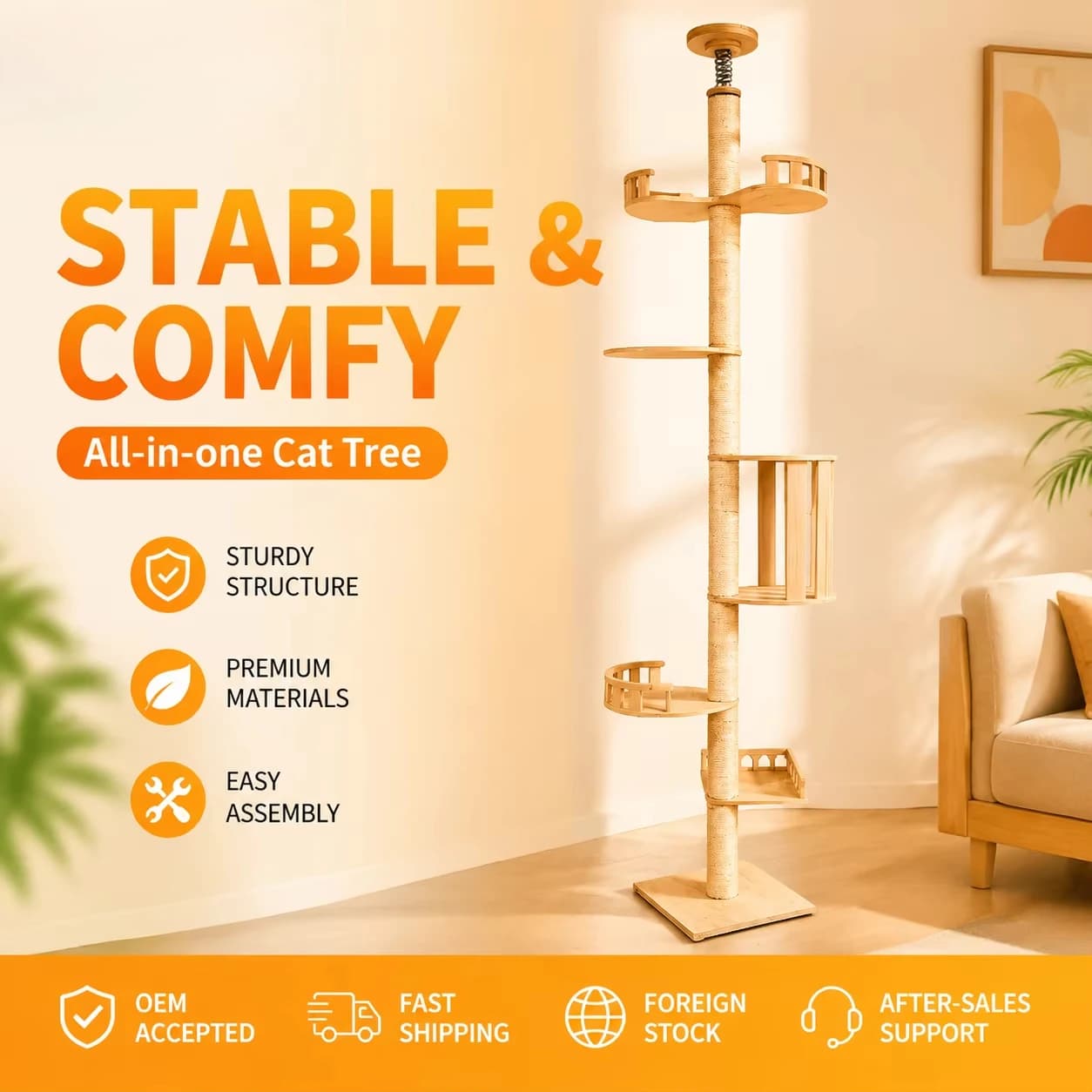 Cats Climbing Frame Eco-Friendly Luxury Beige Wooden Linen Scratching Design Indoor Wall Play Towers Trees Tree