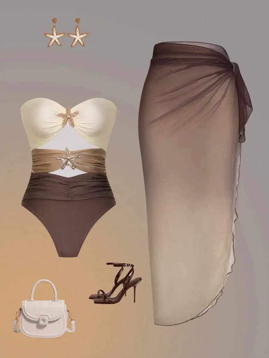 Costume da bagno intero da donna con gonna in rete sfumata e set da spiaggia