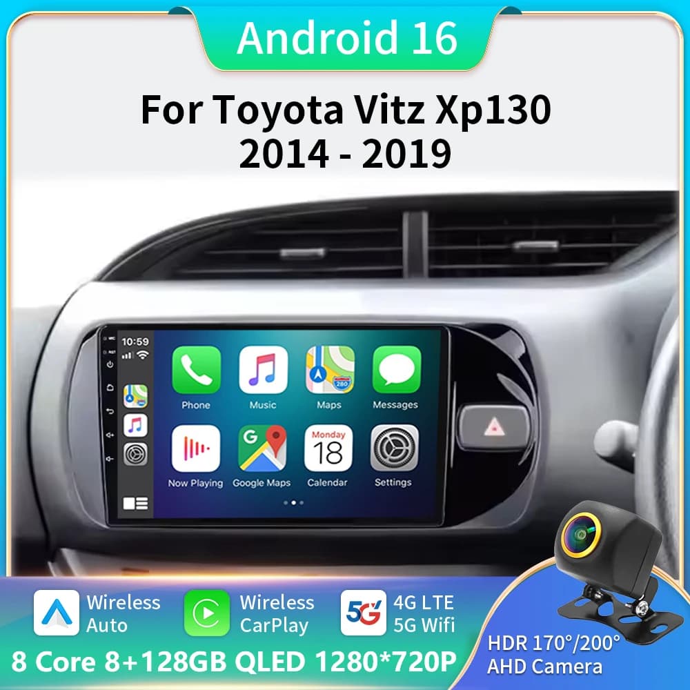 Autoradio Android 16 Carplay Per Toyota Vitz 3 XP130 2014 2015 2016 2017 2018 2019 Lettore Video Multimediale di Navigazione GPS Stereo