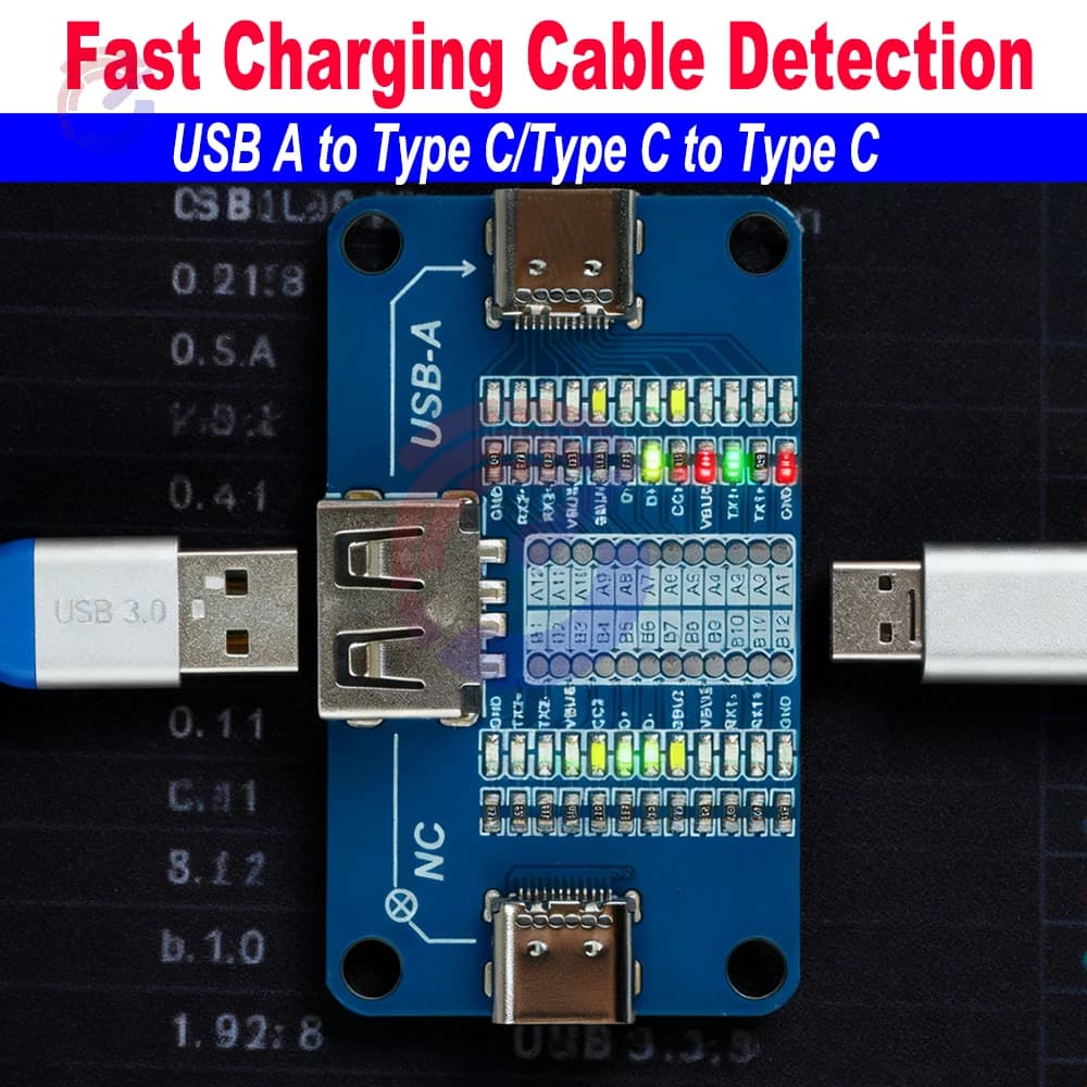 Tester per cavi di tipo C per collegamenti da USB A a C e C a C Indicatori di stato a 12 pin LED con funzionamento a batteria portatile