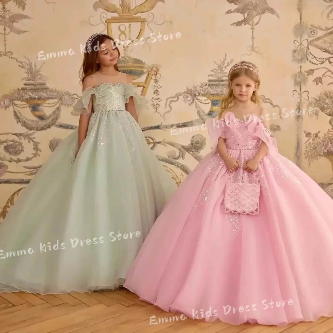 Abito Rosa Personalizzato per Bambine, Lussuoso Vestito in Tulle con Paillettes, Abito da Principessa per Matrimoni, Prima Comunione e Feste