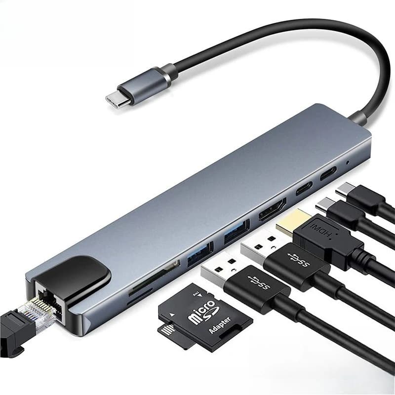 Docking Station USB-C 8-in-1 per Laptop, Ethernet Gigabit, Hub USB 3.0, Adattatore Multifunzione Universale per Telefoni e Tablet